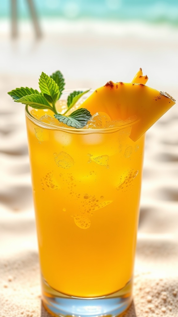 A glass of pineapple rum spritzer with mint and pineapple garnish on a sunny beach.